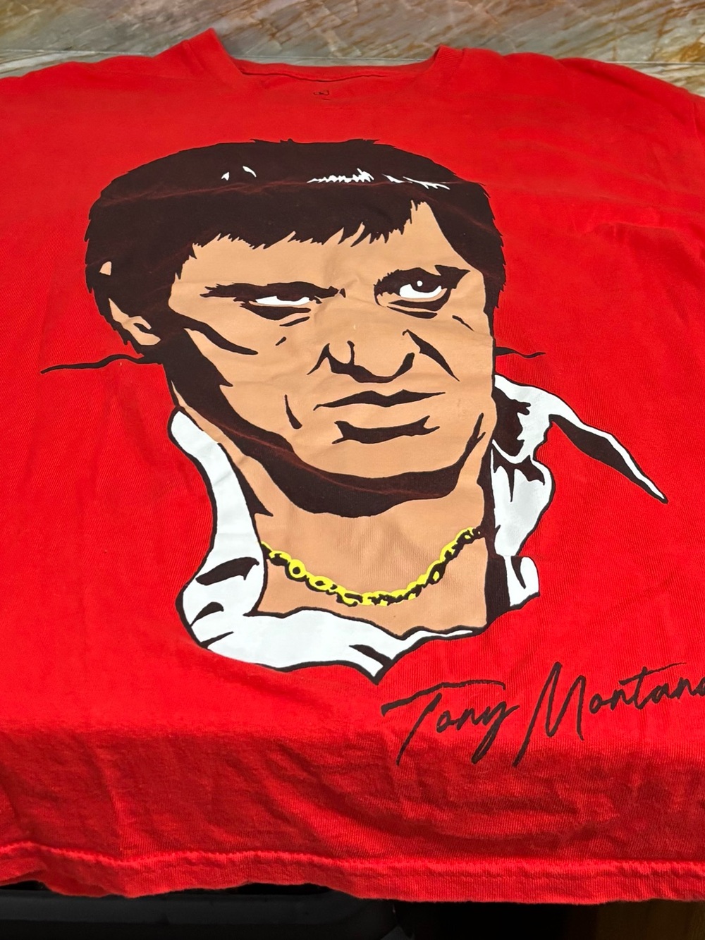 Red Graphic Men’s Crewneck T-Shirt - Tony Montana Print